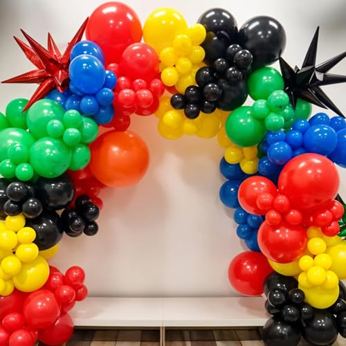 Black and Red Yellow Blue Balloons, 12 Inch Black Red Yellow Blue Green Metallic Silver Confetti Balloons with Star Foil B...