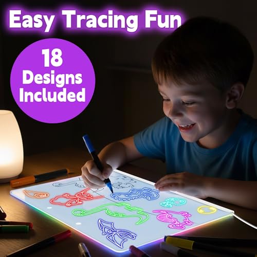 16" Led Drawing Board for Kids with 18 Tracing Pages - 4 Modes & Acrylic Led Note Board with 7 Colors, Light up Magic Boar...