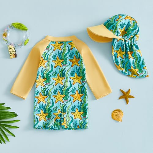 mlpeerw Toddler Baby Boy Swimsuit Long Sleeve Zipper Rash Guard Swimwear Infant Bathing Suit and Swim Cap Cute Beach Outfits