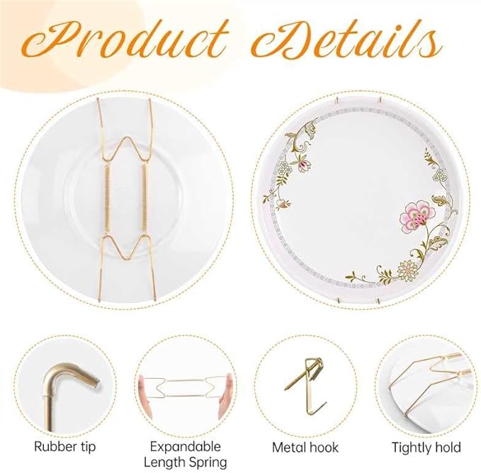 Bilillo 8pc 6–8 Inch Plate Hangers for The Wall, Stainless Steel Invisible Heavy Duty Wire Plate Holders with Wall Hooks, Secure Display for Decorative, Antique, or Ceramic Plates (Gold)