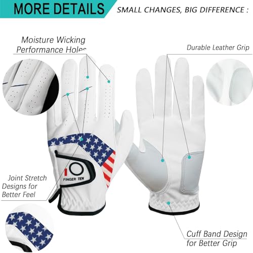 FINGER TEN Golf Gloves Men Value 5 Pack for Left Right Hand, Comfortable Soft & All Weather Grip Mens Golf Glove, Sizes S ...