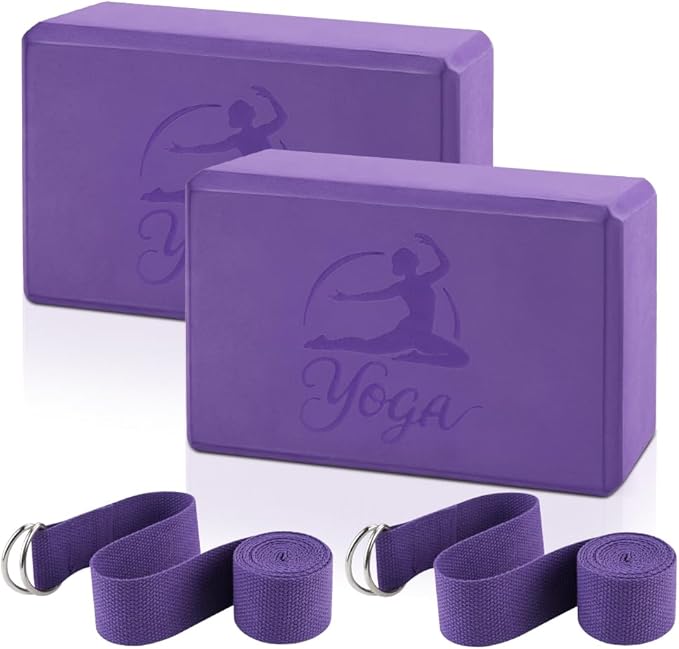 2 Yoga Block and 2 Yoga Strap Set,Non-slip EVA Foam Blocks, High Density Yoga Bricks with 6ft Strap, Supportive Latex-Free...