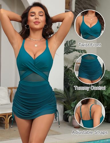 Blooming Jelly Womens Mesh One Piece Swimsuit Modest Tummy Control Bathing Suit Twist Front Swim Dress Swimwear 2026