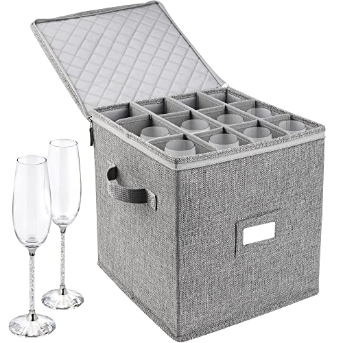 LotFancy Champagne Flute Storage Container, Hard Shell, Stackable, 12" Tall Wine Glass Storage Box with Dividers & Handle...