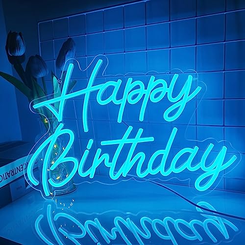 Happy Birthday Neon Sign Reusable Ice Blue LED Neon Night Light Birthday Party Decorations USB Operated Decorative for Bac...