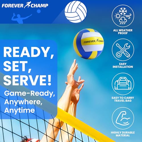 Forever Champ Volleyball Net for Backyard, Beach, Home, Includes 32x3 Ft Regulation Size Net, 8.5-Inch PU Volleyball, Carr...