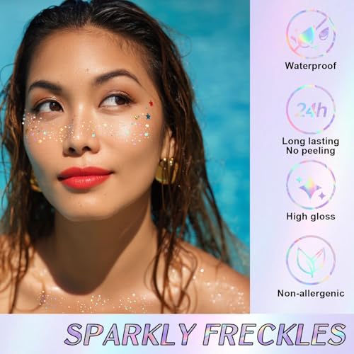 Glitter Freckles, Holographic Face and Body Glitter Tattoo Sparkle for Women Gold Glow Cosmetic Star Makeup Accessories fo...