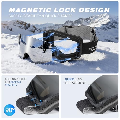 VOZAPOW Ski Goggles Anti-Fog with HD Lens, UV Protection, Magnetic Lens, OTG Snowboard Snow Goggles for Men Women