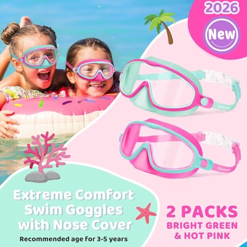 Vvinca 2 Pcs Kids-Swim-Goggles with Nose Cover, Swimming Diving Mask Wide View Anti Fog UV Anti Shattered Lens for Kids 3-5