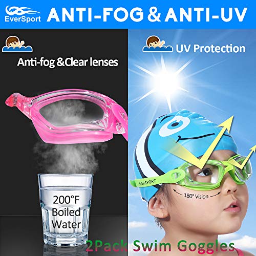EverSport Kids Swim Goggles, Pack of 2 Swimming Goggles for Children Teens, Anti-Fog Anti-UV Youth Swim Glasses for Age4-16
