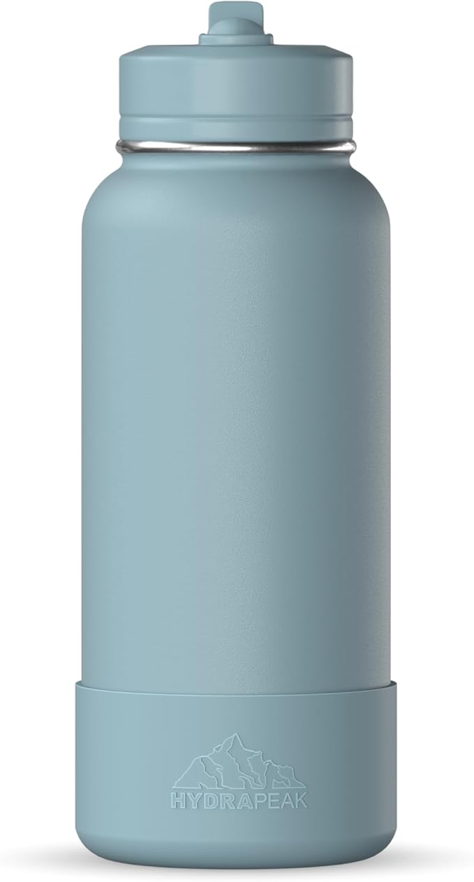 Hydrapeak 32oz Sport Insulated Water Bottle with Straw or Chug Lid, Leak & Spill Proof, Keeps Drinks Cold for 24 Hours, Hot for 12 Hours, Premium Stainless Steel Water Bottles (32oz, Agave Blue)