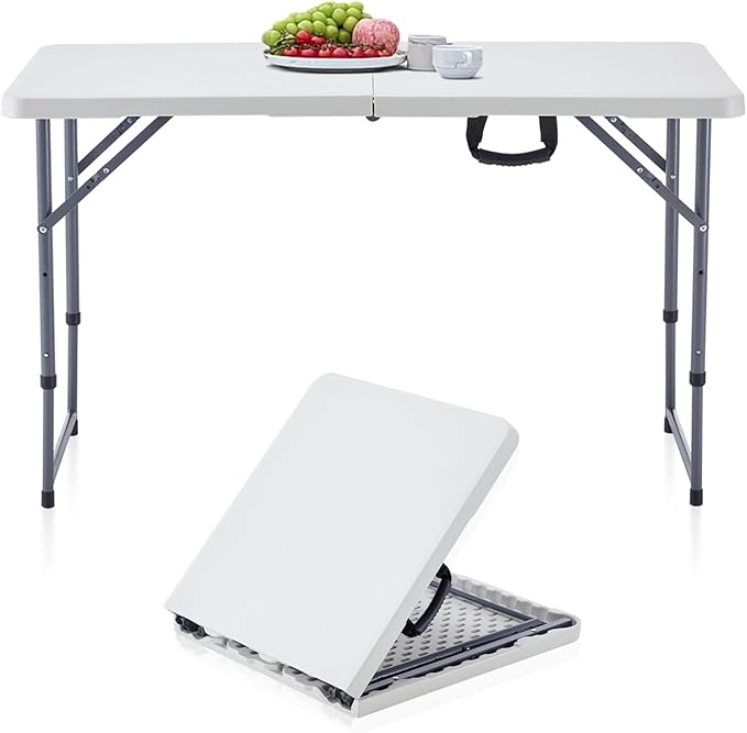 BOOSDEN 4 Foot Folding Table, Portable Rectangle Card Table, Indoor Outdoor Plastic Fold-in-Half Utility Table with Carryi...