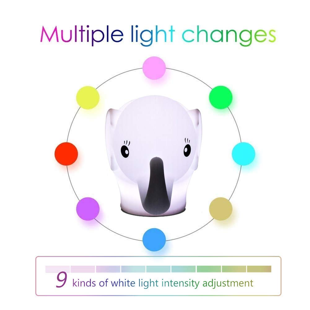 Tianhaixing LED Night Light for Kids, Cute Elephant Design, Rechargeable, Touch & Remote Control, White, Model THX8860