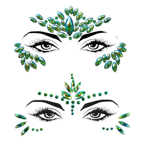2 Pack Green Face Gems Jewels for Women Cosplay Glitter Mermaid Ivy Makeup Accessories Halloween Green Face Jewel Stickers...