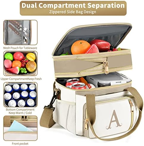 LOKASS Personalized Lunch Bag for Women Work, 16L Initial Insulated Lunch box for Adult/Womens Gift, Leakproof Personalized Gift Lunchbag with Adjustable Shoulder Strap, Cooler Bag Beige - T
