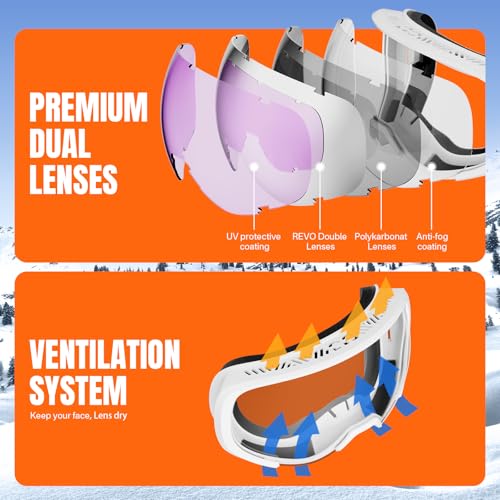RAYTICE OTG Ski Goggles for Men Women, 100% UV400 Protection Snow Goggles, Anti Fog Snowboard Goggles for Snowmobile Skiing