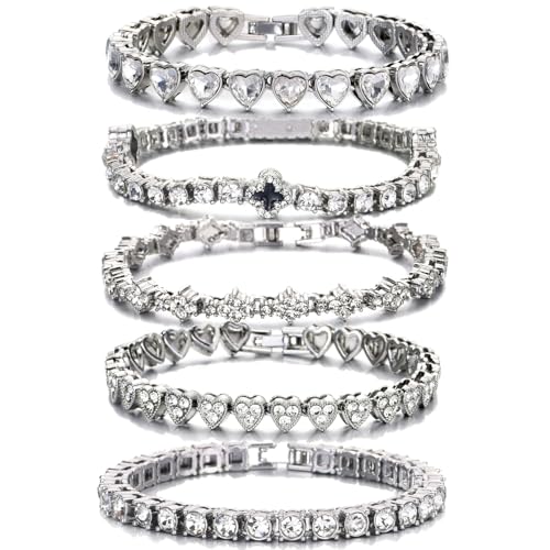 5PCS Diamond Tennis Chain Bracelet Set for Women ,Gold/Silver Plated Bangle Cuff Heart Shape Floral Clover Cross Charms Si...