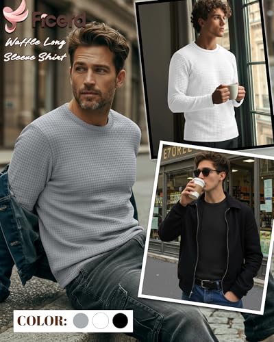 Ficerd 3 Pack Men's Waffle Long Sleeve Shirts, Crew Neck Thermal Underwear Tops Casual Pullover Sweaters Knit Undershirts