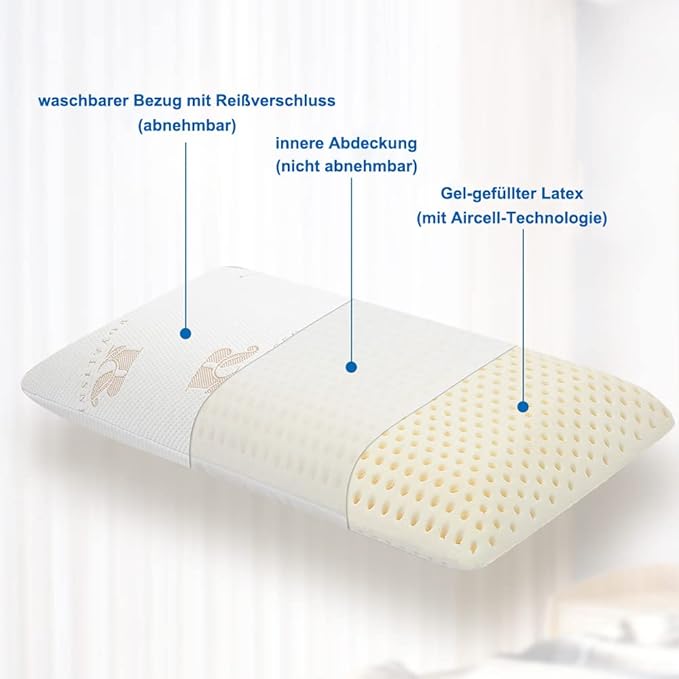 Royalisneeo 100% Talalay Latex Pillow, Soft, Foam Rubber Pillow Helps Relieve Pressure,Best Gift with Removable Cotton Cover for Back, Stomach and Side Sleepers（Queen）