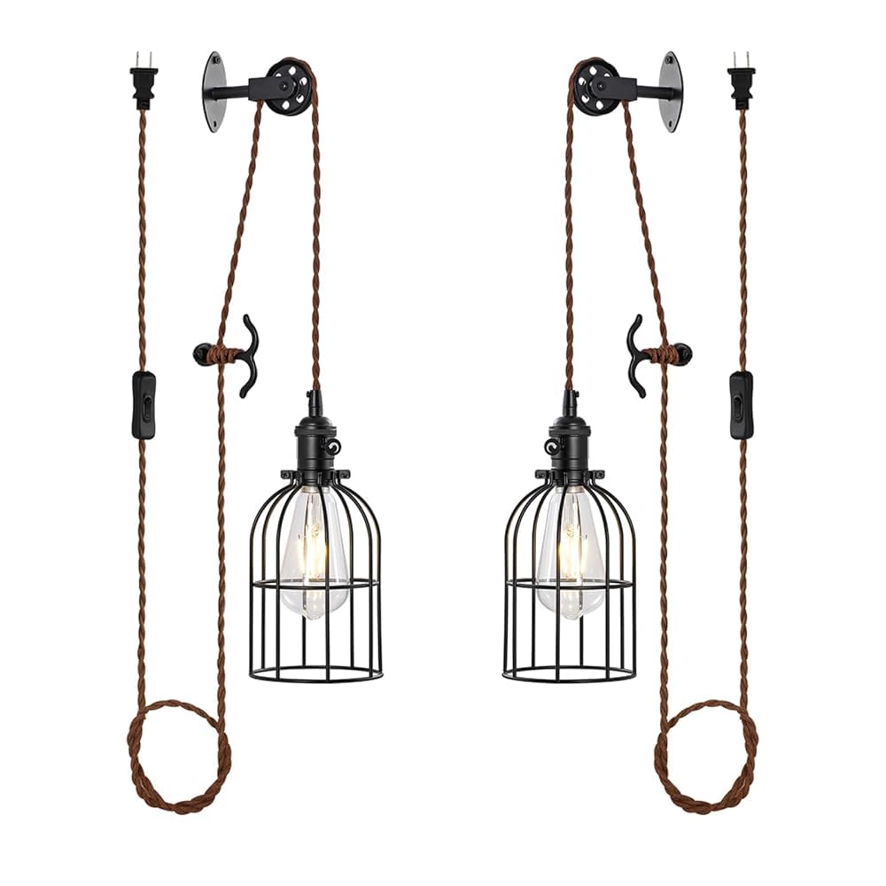 SEEBLEN Plug-in Pendant Light Set of 2, Industrial Metal Lamps, Style E-2, Black