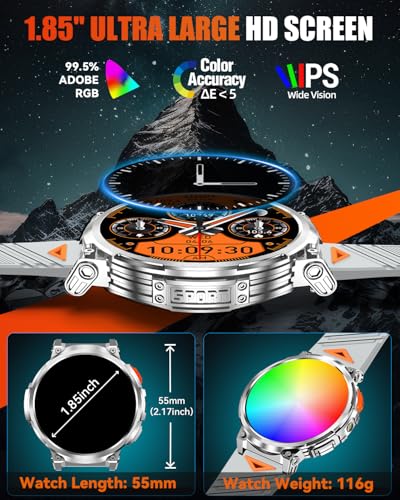 PODOEIL 1.85" Big Screen Military Smart Watch for Men with Flashlight, 730mAh Large Battery, IP68 Waterproof, Bluetooth Ca...