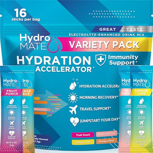HydroMATE Electrolytes Powder Packets Low Carb Hydration Accelerator Drink Mix Party Relief Plus Vitamin C Variety Pack 16...