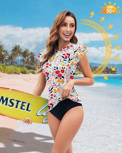 Soneven Women's Swim Shirt UPF 50+ Ruffle Sleeve Rash Guard UV Sun Protection Swimsuit Top Bathing Suit No Bottom