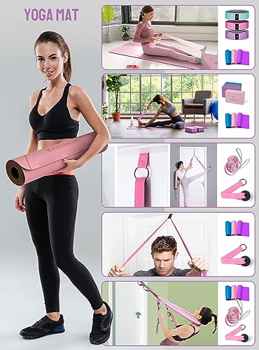 1/3 Yoga Mat Thick, Yoga Set for Beginners Include High Density Mat with Multi-loops Strap, Blocks, Booty Resistance Band ...