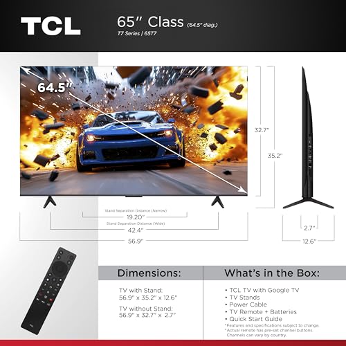 TCL 65 Inch Class T7 Series | 4K QLED HDR | 65T7, 2025 Model | 120HZ-144HZ High Brightness Smart Google TV Dolby Atmos Aud...