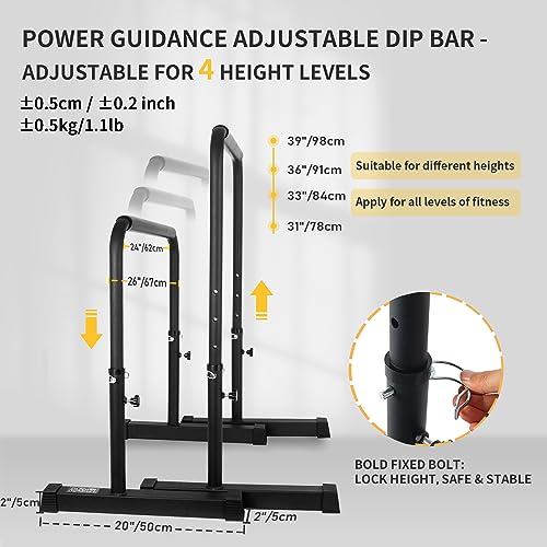 POWER GUIDANCE Dip Bar, Dip Stand Station for Full Body Strength Training, Adjustable Height 30Inches - 38.6Inched, 3 Colo...