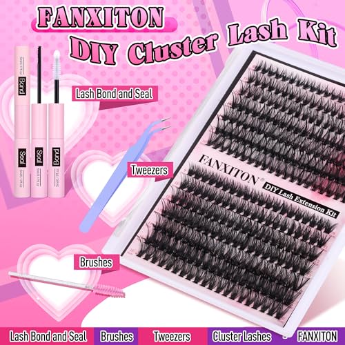 FANXITON DIY Individual Eyelash Extension Kit, Thick Volume Lash Clusters 40D+50D D Curvature, 280 Pieces Thin Band Cluste...