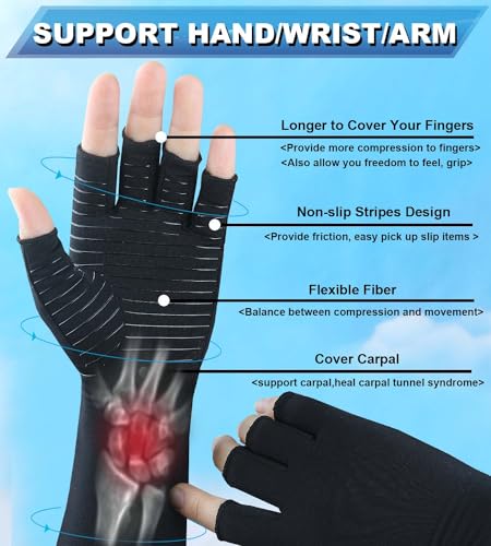 Copper Long Arthritis Gloves,Long Wrist Compression Arm Sleeve Carpal Tunnel Gloves, Fingerless Hand Compression Gloves fo...