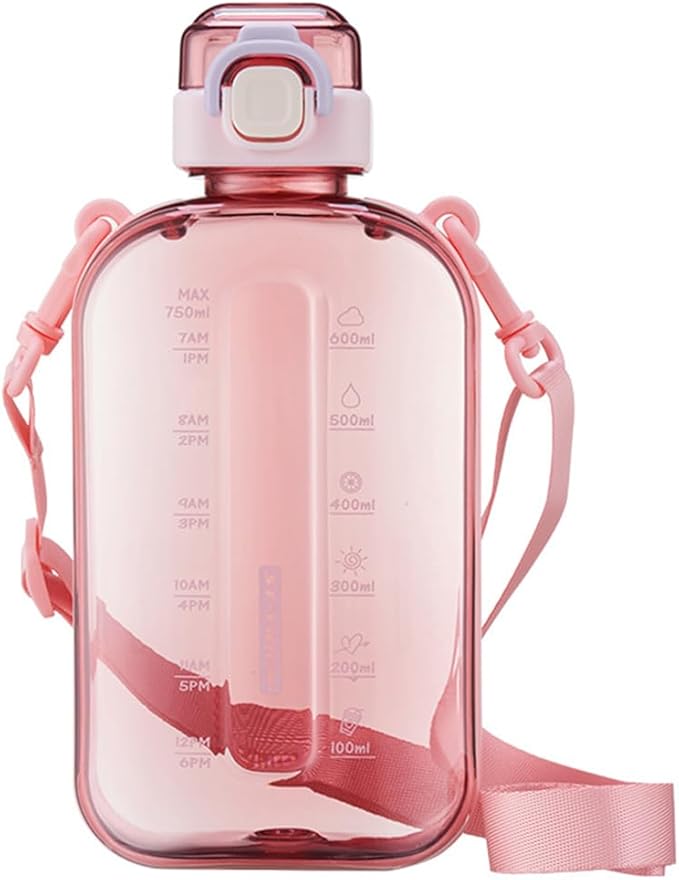750ML Square Transparent Water Bottle, Cute Sports Water Jug with Adjustable Strap, Portable Motivational Water Bolttles for Travel, Hiking and Outdoor Workouts