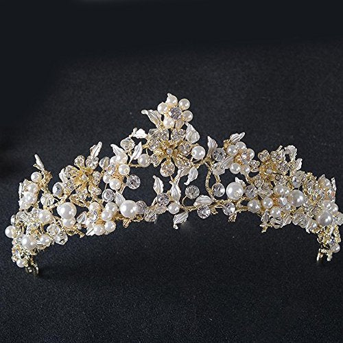FXmimior Vintage Gold Flower Bead Bridal Wedding Crown Headband Women Crystal Tiara Headpiece Wedding Hair Accessories