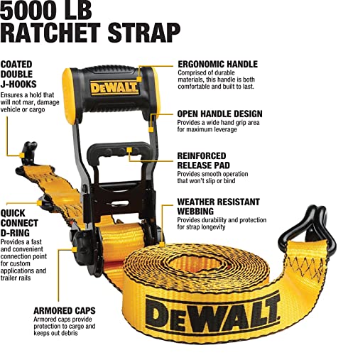 DEWALT DXBC50002 Black/Yellow 1.5" x 16' Ratchet Tie Down Straps - Heavy-Duty Cargo Hauling (5000 lb Break Strength), 2 Pack