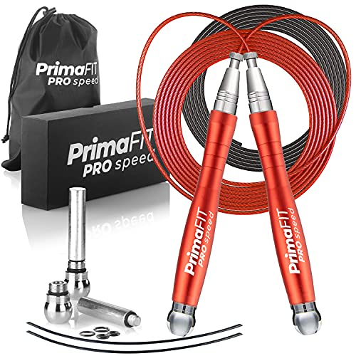 PrimaFIT Jump Rope Pro Speed Skipping Rope Adjustable Adult Jumping Rope Weighted Aluminium Handles for Double Dutch Boxin...