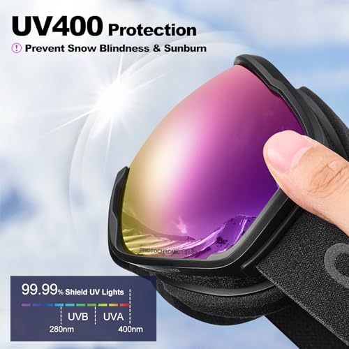 Odoland Photochromic Ski Goggles for Sunny and Cloudy Days, Anti-Fog OTG UV Protection Snowboard Goggles for Men Women Youth