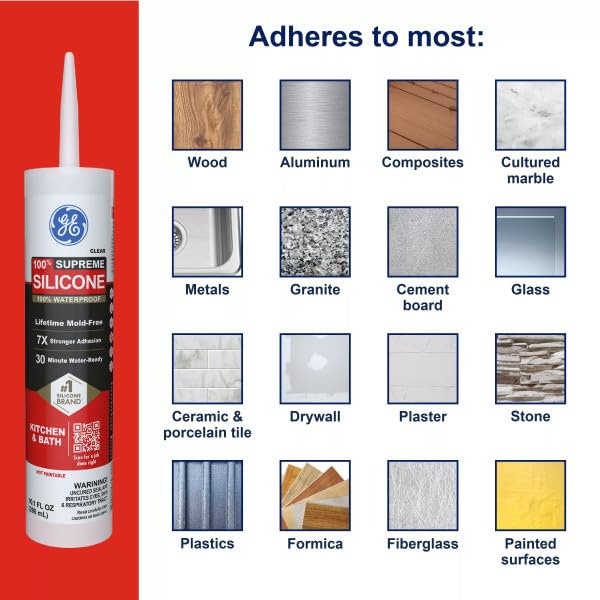 GE Supreme Silicone Caulk for Kitchen & Bathroom, Clear, 10 fl oz Cartridge, 1 Pack - 100% Waterproof Silicone Sealant, 7X Stronger Adhesion, Shrink & Crack Proof