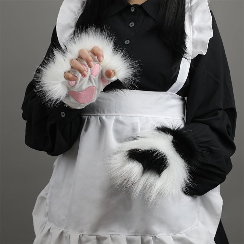 Obenie Halloween Cat Paw Gloves Therian Paws Therian Gear Furry Paws Cosplay Fluffy Mittens (white 1)