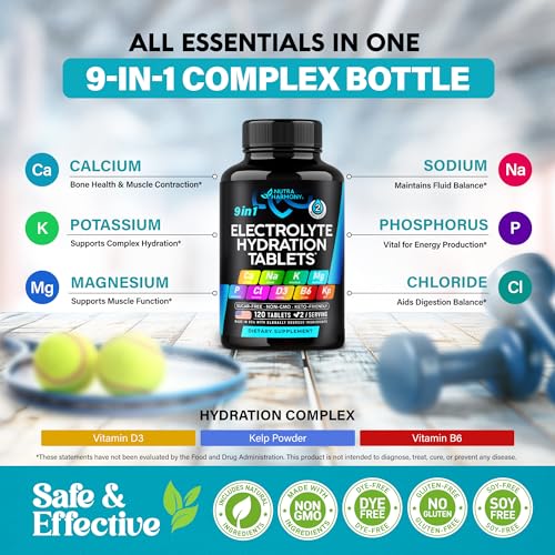 Electrolytes - Electrolyte Tablets with Magnesium, Sodium, Potassium, Chloride, Vitamins D3 & B6, Kelp Powder - Salt Pills...