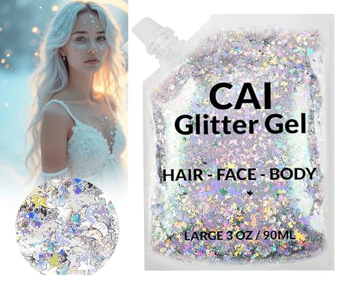 Face, Body & Hair Glitter Gel – Halloween Glitter for Kids and Women – 3 Oz Cosmetic-Grade Gel w/Moon & Stars for Festival...