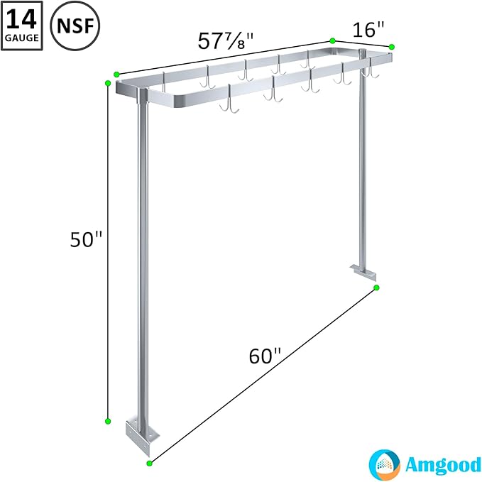 AmGood 60 in. Stainless Steel Table-Mounted Pot Rack With 8 Hooks