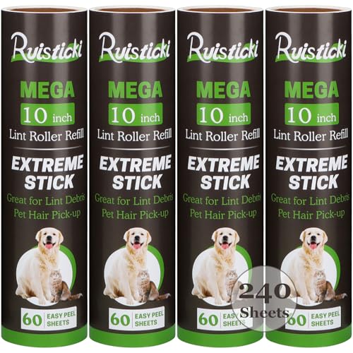10 inch Lint Roller Refill Compatible with Large Mega 10 in Wide Lint Rollers, Pack of 4 Refills, 60 Sheets per Refill, To...
