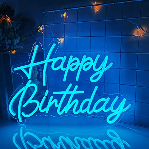 Happy Birthday Neon Sign Reusable Ice Blue LED Neon Night Light Birthday Party Decorations USB Operated Decorative for Bac...