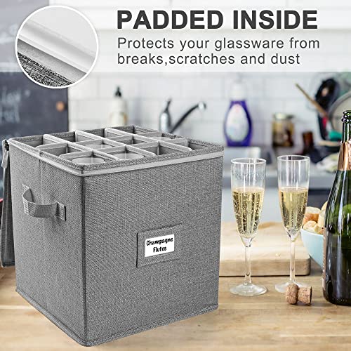 LotFancy Champagne Flute Storage Container, Hard Shell, Stackable, 12" Tall Wine Glass Storage Box with Dividers & Handle...