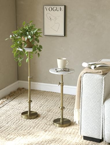 Adjustable-Height Marble Drink Table - 10x10x22-30, White Marble & Antique Brass, Modern Round End Table, Side Table with ...