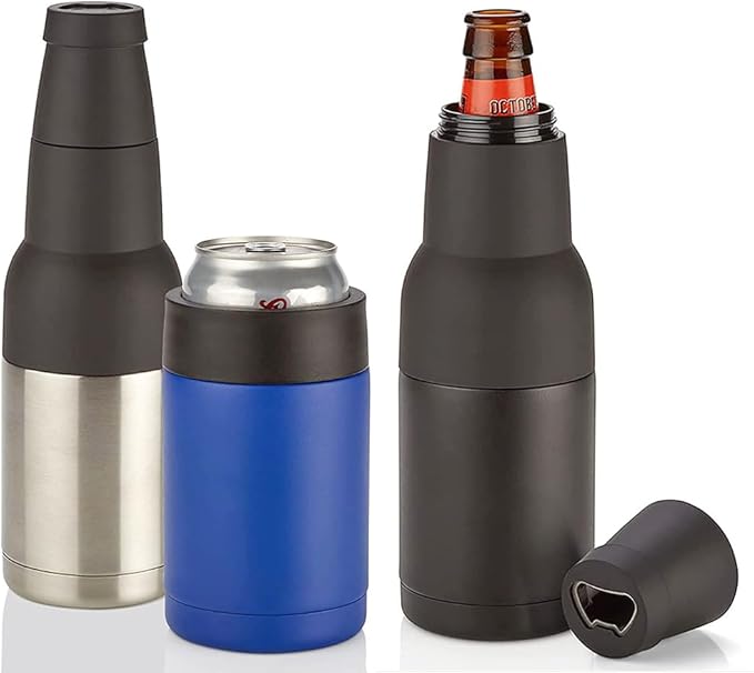 3 in 1 Beer Bottle and Can Cooler, Vacuum Insulated Double Walled Stainless Steel Cooler with Beer Opener, 12 oz Slim Can Insulator Holder (Black)