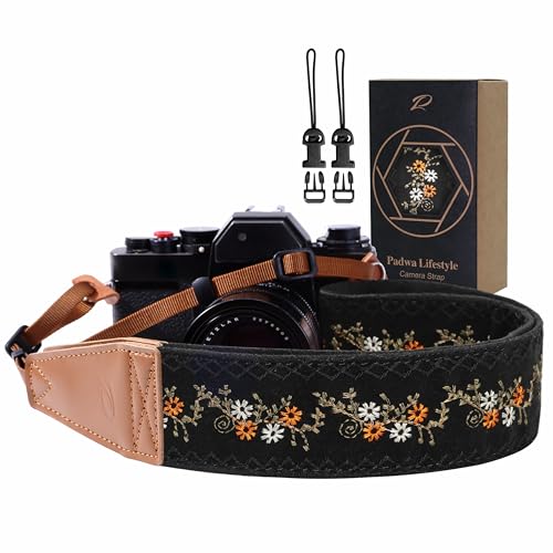 Padwa Lifestyle Camera Strap - 2" Full Grain Leather Ends Camera Straps for Photographers, Vintage Embroidered Cotton Weav...