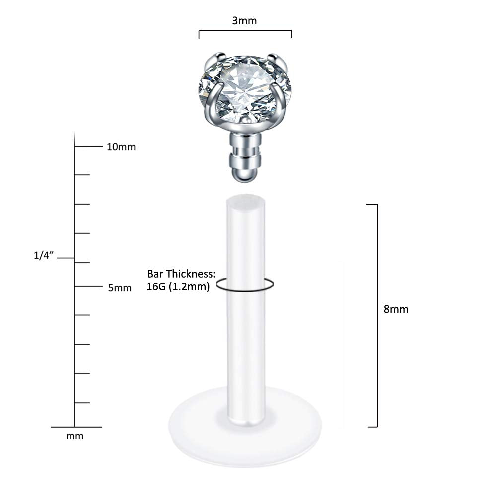 Xpircn 16G Clear Labret Monroe Lip Ring Tragus Helix Cartilage Earring Stud Piercing Jewelry with 3 mm CZ, 8 mm Bar