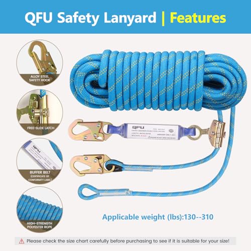 Heavy Duty Fall Protection Rope for roof & tree climbing. Includes safety harness, alloy steel clips, shock-absorbing lanyard